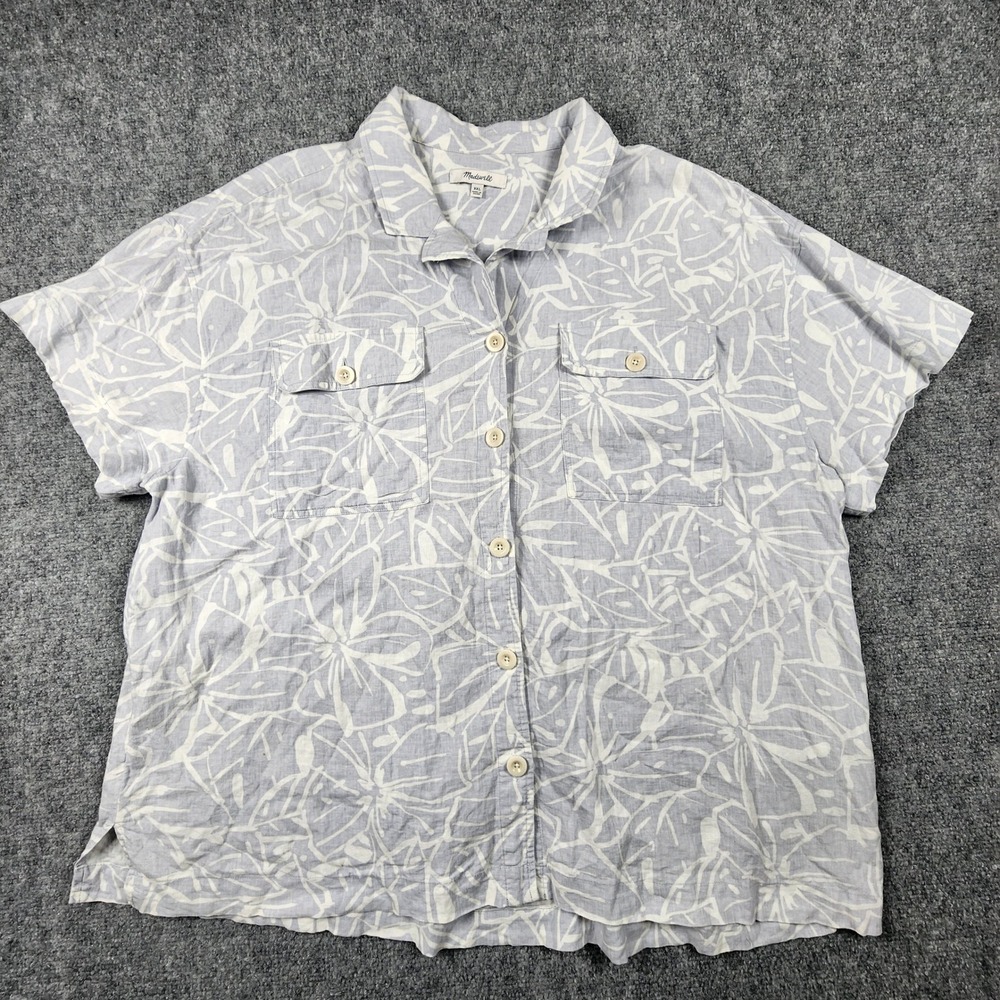 Madewell Womens XXL Blue White Linen Blend Tropical Floral Short Sleeve Shirt